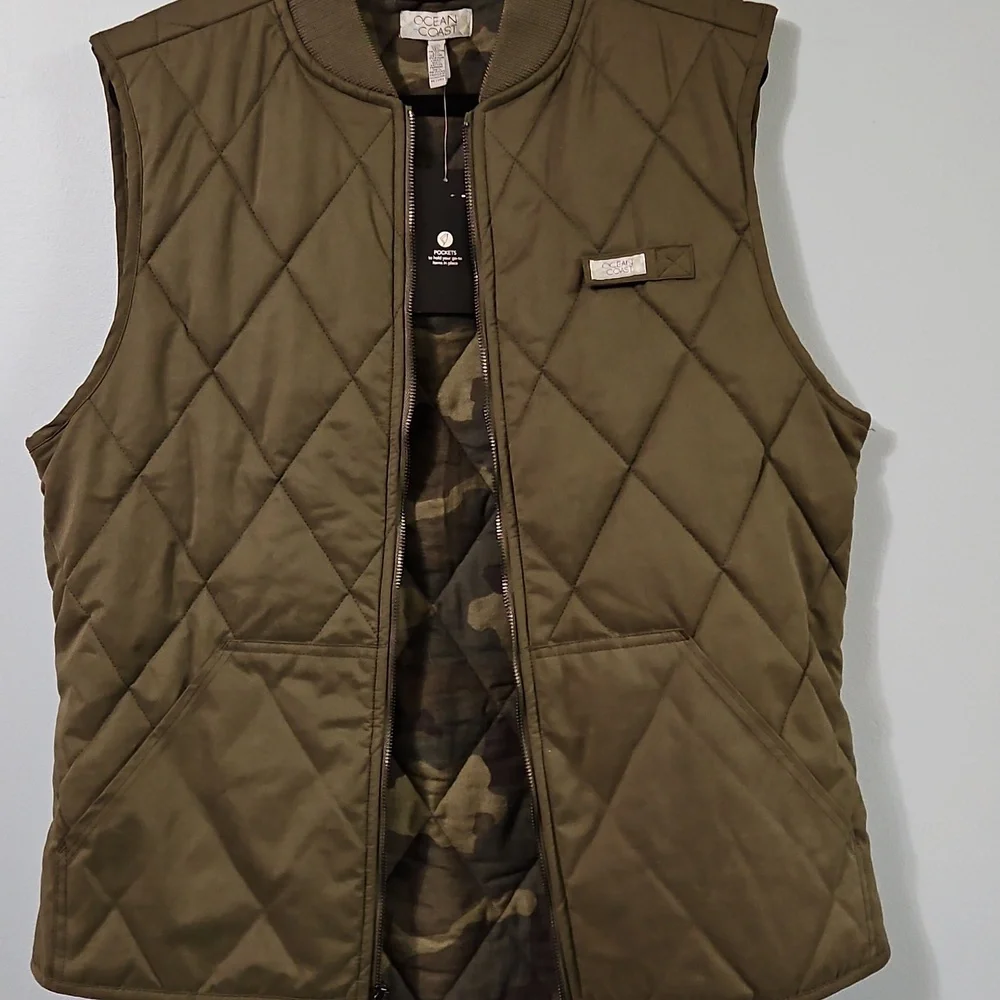 Ocean Coast Quilted Camo Lined Green Zip-Up Men's Vest W/Pockets Size M  #1022